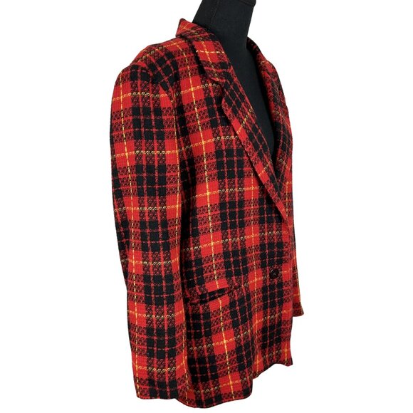VINTAGE 80s Red Plaid Classic Tweed Blazer - Picture 5 of 10